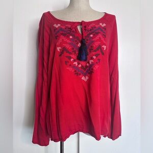 Ariat XXL Red Embroidered Boho Peasant Blouse Tassel Tunic Top